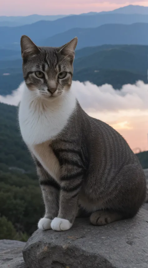 close-up, cat (on top of a mountain on a rock), ((focus on sun rising)), clouds, photorealistic, hdr