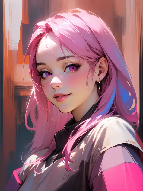 (best quality,4k,highres,masterpiece:1.2),ultra-detailed,(realistic,photorealistic:1.37),portrait,pink-haired girl,pink eyes,smiling,looking at the viewer,wearing a nose plug