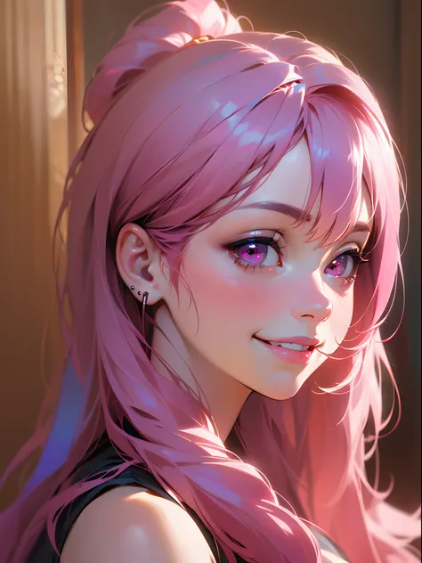 (best quality,4k,highres,masterpiece:1.2),ultra-detailed,(realistic,photorealistic:1.37),portrait,pink-haired girl,pink eyes,smiling,looking at the viewer,wearing a nose plug