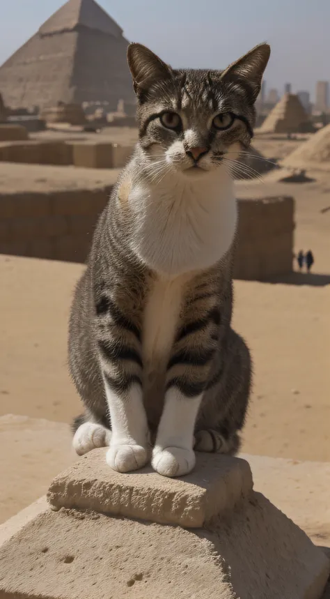 closer, cat (at the top of the pyramid in egypt), view of the 2 pyramids in the background, desert, photorealistic, hdr