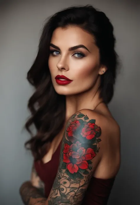 beautiful brunette with tattoo of a red heart on her left shoulder