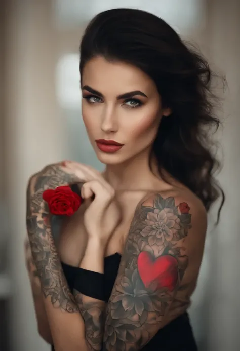 beautiful brunette with tattoo of a red heart on her left shoulder