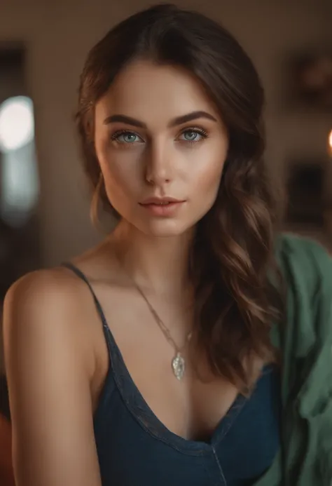 arafed woman with a red tank top and a necklace, sharing drinks with friends, sexy girl with green eyes, portrait sophie mudd, brown hair and large eyes, selfie of a young woman, bedroom eyes, violet myers, without makeup, natural makeup, looking directly ...