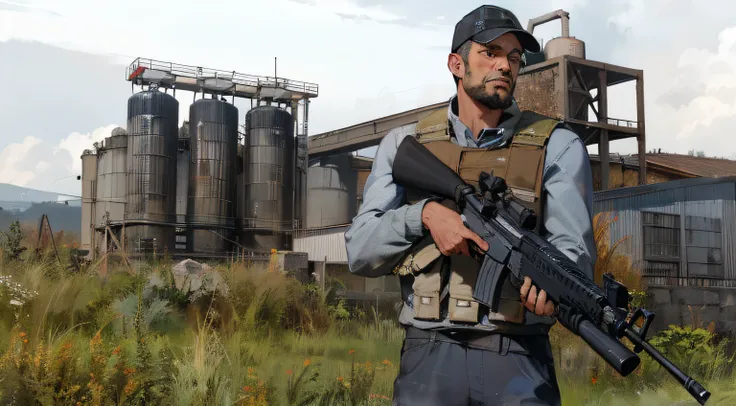 Arafed man holding a rifle in front of a factory, arma 3 screenshot, Arma 3, Captura de tela do videogame>, dayz, 3rd person shooter, Captura de tela do videogame, captura de tela de alta qualidade, Captura de tela do videogame de 2020, cena com metralhado...