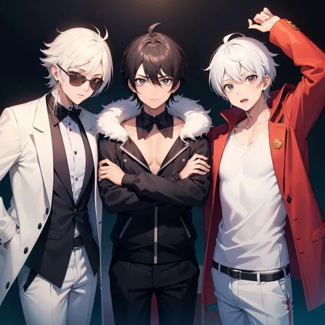 three boys, One of them wears a backwards cap and has black hair, em estilo anime. One of them wears a white suit and white pants with black sneakers and has white hair, em estilo anime. another wears an open white coat and on his head has a crown and on h...