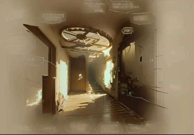 Painting of the hallway with a clock on the wall, !dream concept art, library of ruina concept art, studio ghibli smooth concept art, concept drawing, anime scenery concept art, Design Concept Art, Architect Concept Art, psychology :: Concept art, cinemati...