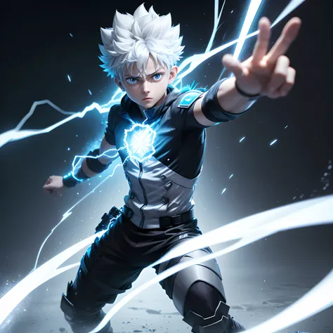 "Experience the electrifying power of Killua Zoldyck as he stands in a dynamic full body pose, his entire being radiating with electricity. With 3D rendering and hyper realistic details, this ultra resolution 8K image will bring this iconic anime character...