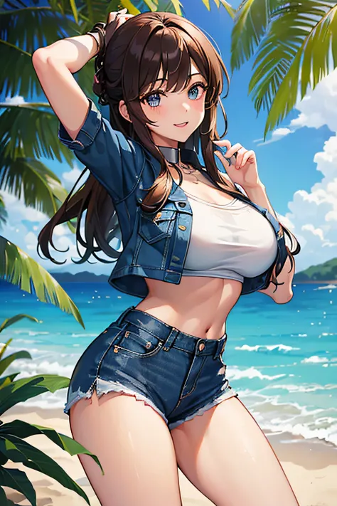 ((Best Quality, 8K, Masterpiece: 1.3)), ((1girl:1.5)), Slim Abs Beauty: 1.3, Casual Hairstyle, Super Fine Face, Delicate Eyes, Double Eyelids, Smile (teeth showing), Dancing, casual white shirt, denim short shorts, dark blue eyes, detailed eyes, navy blue ...