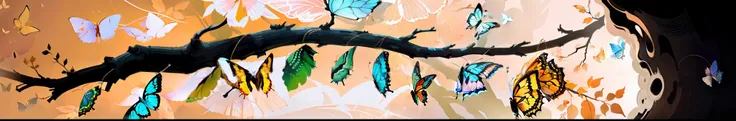 There are many butterflies of different colors hanging from a branch, stylized digital illustration, chrysalis, borboletas e vermes, concept illustartion, digital illustation, color digital illustration, transformation scene, detailed digital illustration,...