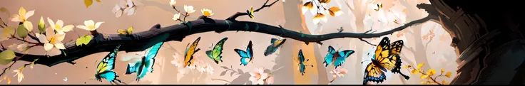 There are many butterflies of different colors hanging from a branch, stylized digital illustration, chrysalis, borboletas e vermes, concept illustartion, digital illustation, color digital illustration, transformation scene, detailed digital illustration,...