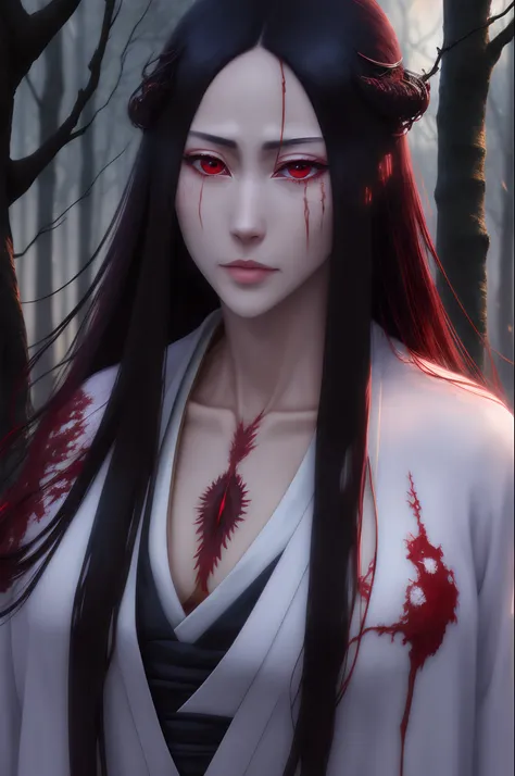 best quality,ultra-detailed,realistic,highres,ulohana solo,white japanese clothes,scar on chest,red eyes,haori,dark forest:1.2,moon,unohana_yachiru_bleach,lora