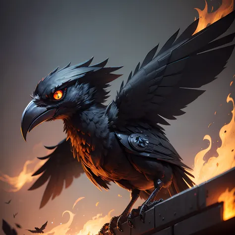 Black-eyed mechanical crow. Black fire behind him.