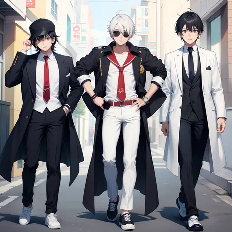 three boys, One of them wears a backwards cap and has black hair, em estilo anime. One of them wears a white suit and white pants with black sneakers and has white hair, em estilo anime. another wears an open white coat and on his head has a crown and on h...