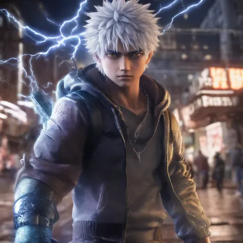 "Experience the electrifying power of Killua Zoldyck as he stands in a dynamic full body pose, his entire being radiating with electricity. With 3D rendering and hyper realistic details, this ultra resolution 8K image will bring this iconic anime character...