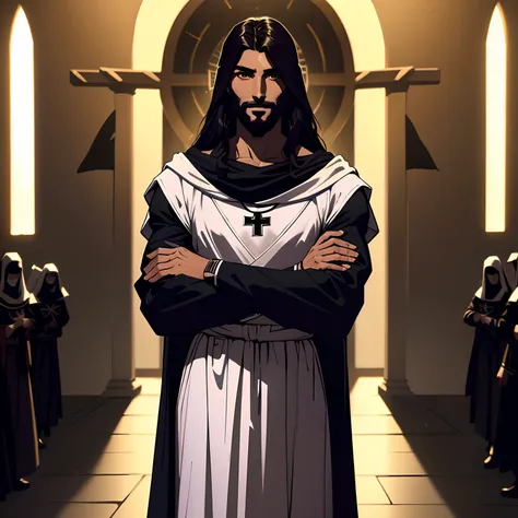 Jesus Cristo rei, medieval, 8k, 4k, Hyper res, sombras dark, hiper contraste, Homem negro, Jovem 20 anos, Olhando para o telespectador, Sorrindo, folded arms.