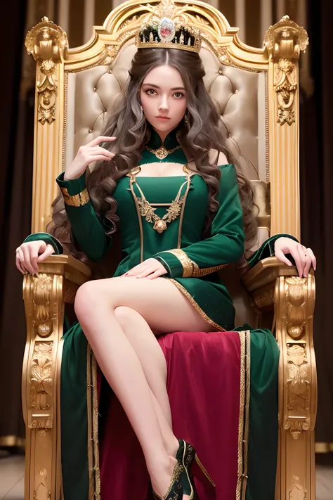 A woman, long curly blond hair, green eyes, in a royal dress, sits on a throne, in the center of a large hall in the style of 18th century Russia. A man, short black hair, gray eyes, stands behind the throne.