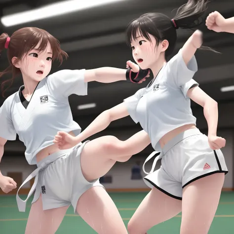 Two elementary school girls in karate、 Twosome、 Full Color、 The whole body is wet with white sweat、 two

Both people attack opponents with high kicks、Separate type white sportswear for athletics、