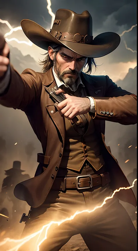 Generate an image of two Old West gunslingers in a tense quick-draw standoff, capturing the intensity of a lightning-fast duel