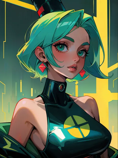 ((melhor qualidade)), ultra-detalhada,Woman with complex clothes head deep neckline, bareshoulders, recorte acima do umbigo, sem mangas, ombros despido, modelo bonito da mulher, sexy, seios grandes, gostosa, dingy gym, Cyberpunk, dingy gym, rosto bonito ey...