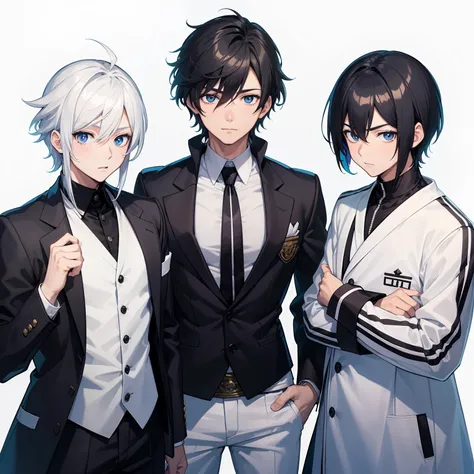 three boys, One of them wears a backwards cap and has black hair, em estilo anime. One of them wears a white suit and white pants with black sneakers and has white hair, em estilo anime. another wears an open white coat and on his head has a crown and on h...