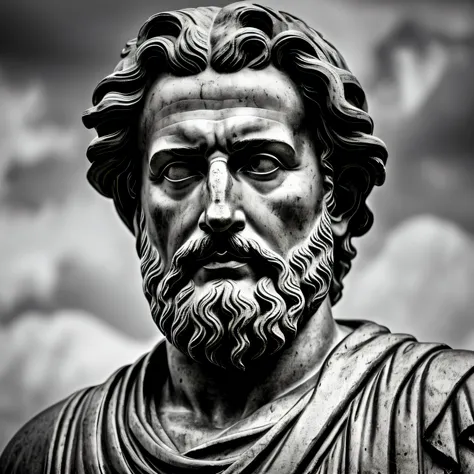 a portrait statue of the stoic Marcus Aurelius in black and white 4K, super realistic photographic wallpaper 1920x1080