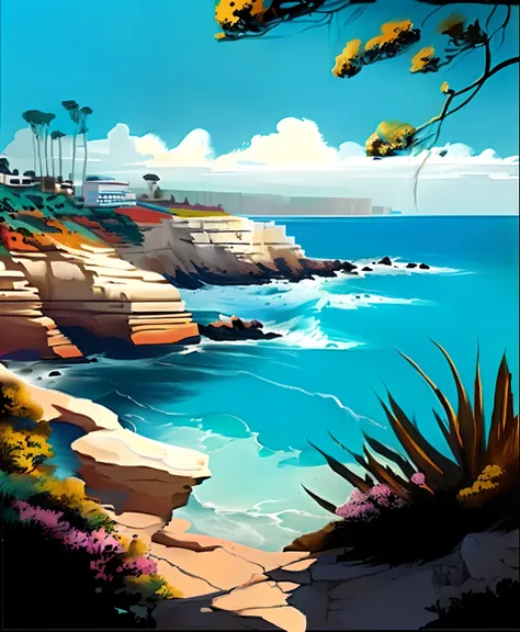 a painting of a view of the ocean and cliffs, by jerry weiss, cliffside ocean scene, ocean cliff view, beautiful retro art, by c...