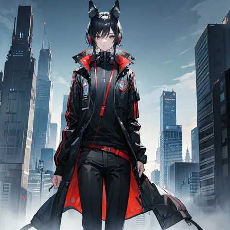 Masterpiece, high res, Short black hair, the body of a young man, Sci-fi jacket,, black pants, headphones around neck, wolf ears on head, Sci-fi city background.