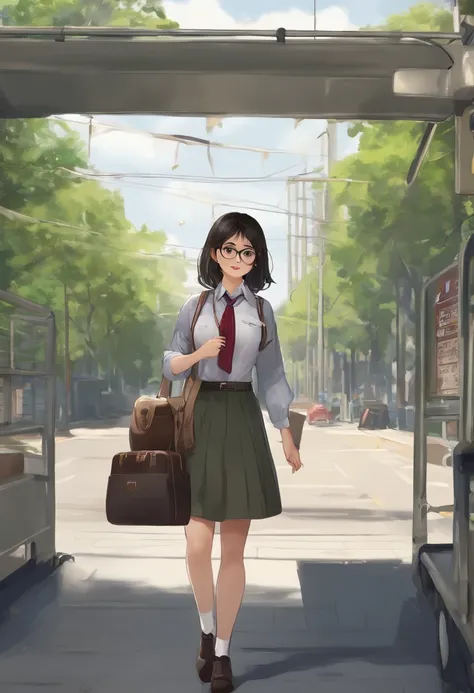 masterpiece, best quality, ultra-detailed, illustration,, (paisura:1.4), 1girl, naked, glasses, large breasts, necktie, skirt, bag, school uniform, black hair, outdoors, road, between breasts, street, school bag, ground vehicle, danchi, japan,,