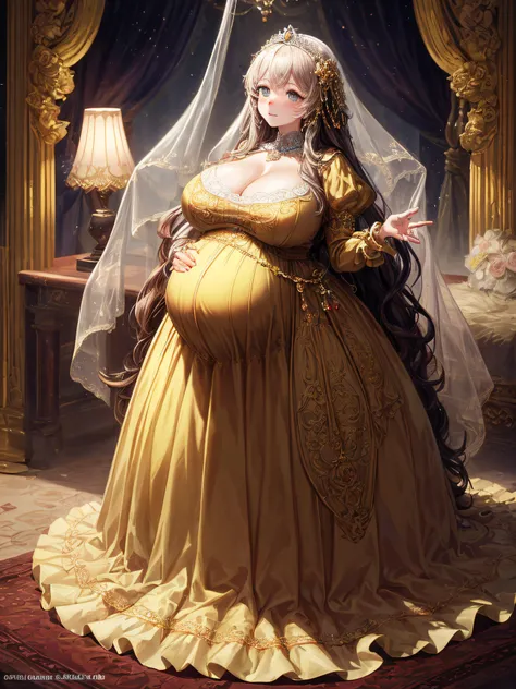 (masterpiece, best quality,extremely detailed:1.1),(moe anime art style:1.2),1girl,((full body,focus face)),((solo)), cute, kawaii,digital art,((1 bling-bling pregnant princess wearing beautiful embroidery and jeweled gorgeous rococo ballgown with jeweled ...