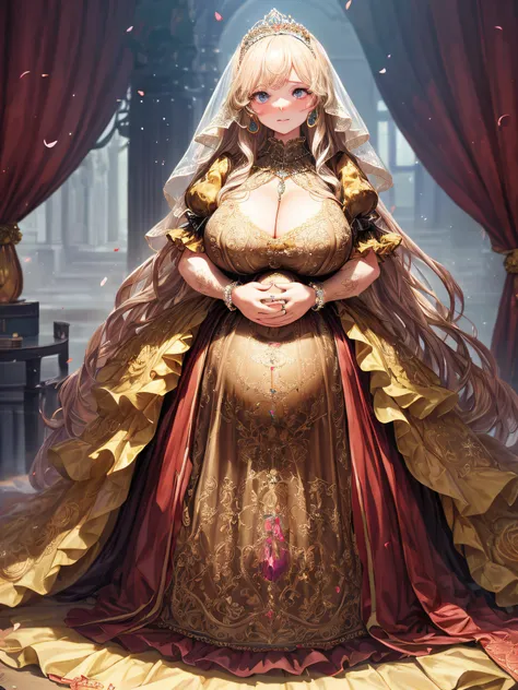 (masterpiece, best quality,extremely detailed:1.1),(moe anime art style:1.2),1girl,((full body,focus face)),((solo)), cute, kawaii,digital art,((1 bling-bling pregnant princess wearing beautiful embroidery and jeweled gorgeous rococo ballgown with jeweled ...