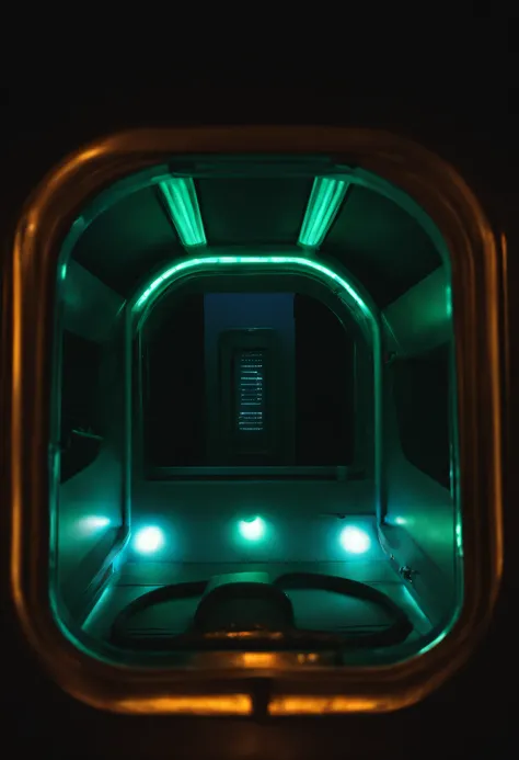 please generate a dark environment of a submarine capsule, there is light glowing neon lights from various warning lights. rivets in the wall / made of steel / no windows only an opening for the bathroom and a locked door
 The view is from your bed, the li...