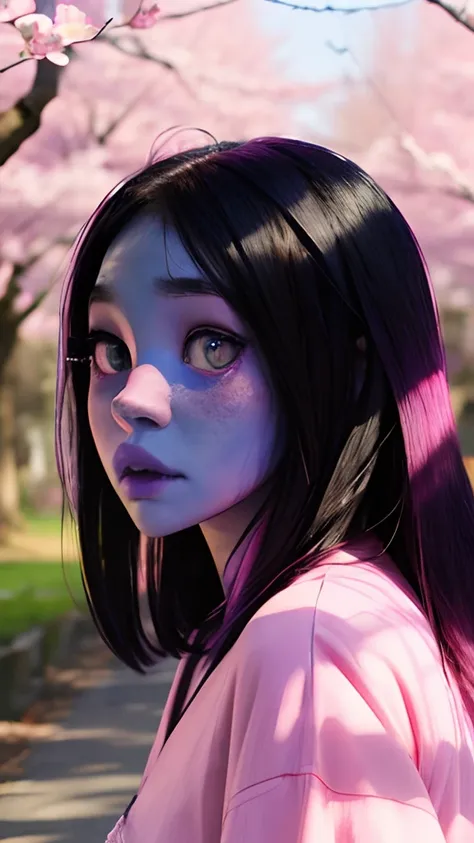 cute anime (zombie girl) with (dark purple straight hair), freckles, (((blue skin))), (((pink eyes))), pink nose. Walking in a japanese sakura woods.