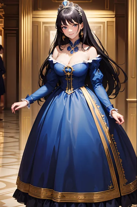 Best quality, masterpiece, super high resolution, (fidelity: 1.4), original photo, 1A woman,royal blue dress, standing in the center of a crowded hall, sarcastic grin, 18th century Russian style. , extremely delicate face, black hair,gray eyes, crown,smoot...