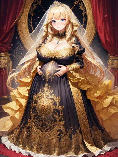 (masterpiece, best quality,extremely detailed:1.1),(moe anime art style:1.2),1girl,((full body,focus face)),((solo)), cute, kawaii,digital art,((1 bling-bling pregnant princess wearing beautiful embroidery and jeweled gorgeous rococo ballgown with jeweled ...