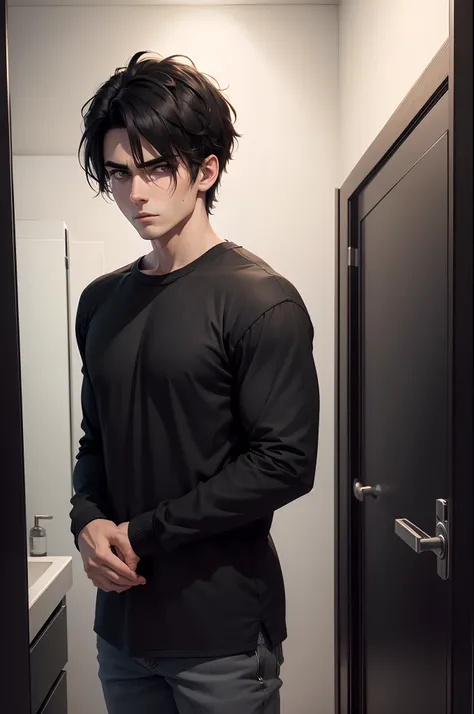 realistic 8k image of a strong 25 year old man with short black hair combed to the side, extremely detailed eyes, scared expression, dressed in casual black clothes, standing in a simple bathroom, night scene, anime style art