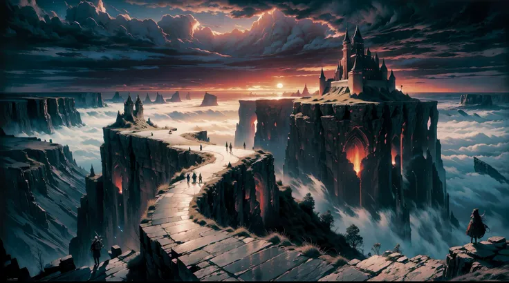 cliffs and canyons made of black castles, intricate, dark sky, red clouds blocked by tall castles, surreal, cinematic, eerie, fantasy, medieval, highly detailed. Castles on the horizon. a thousand castles. In the style of Zdzisław Beksiński