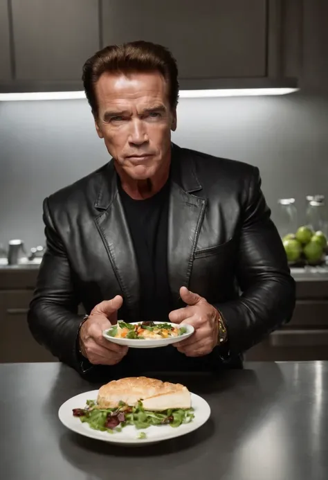 Imagina a Arnold Schwarzenegger como el terminator, with his iconic black suit (chaqueta de cuero negra) y gafas de sol, parado en medio de una cocina extraterrestre futurista. The kitchen is full of devices and utensils, con luces parpadeantes y superfici...