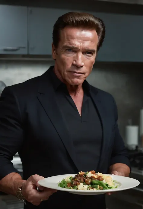 Imagina a Arnold Schwarzenegger como el terminator, with his iconic black suit (chaqueta de cuero negra) y gafas de sol, parado en medio de una cocina extraterrestre futurista. The kitchen is full of devices and utensils, con luces parpadeantes y superfici...