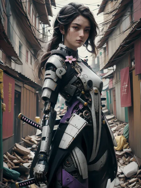 candid still of a captivating cyborg samurai that looks like gaite jansen, solo, messy hair with purple accents, flower adornmen...