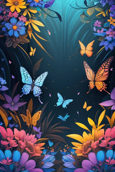 fundo 100% preto, Illustration with colorful butterflies flying illustrating background 100% preto, flores ao redor do fundo preto, obra prima, best resolution 16k, Colouring, tamanho  2000x2600 pixels