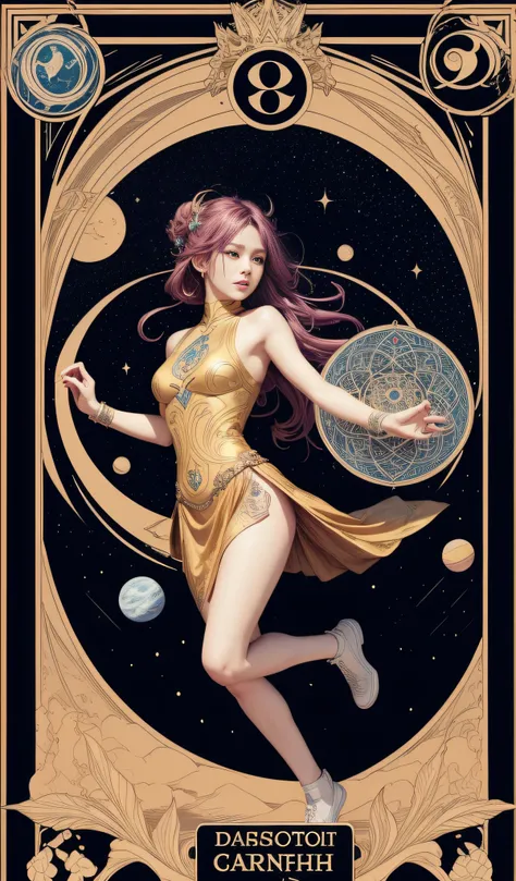 girl, , chased by demon, tarot card, masterpiece, best quality, 4k, tarot card art, line art, clean line art, space-themed coloring mandala, colorful, simple and clean line art, adorned in Art Nouveau style, Genshin,