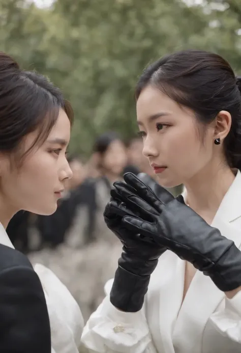 Japan girls in black three-piece suits over mens shirts, Black leather gloves on both hands, Black Hair Ponytail