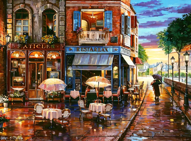 painting of a restaurant with tables and umbrellas on a rainy day, rainy evening, raining outside the cafe, rainy scene, rainy afternoon, in the rain in the early evening, outdoors european cityscape, by Frank Buchser, in a sidewalk cafe, rainy street, at ...