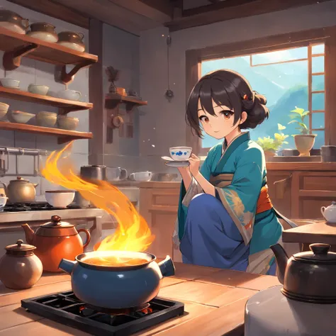 Anime girl in Hanfu standing next to a teapot, Boiling a teapot over charcoal on the stove, Side Body，stove，charcoal fire，teapot，Please wear black cloth shoes，author：author：Qu Leilei, author：Chen Dafu, author：Xia Gui, author：Elephant Kazuyoshi, by Yang J, ...