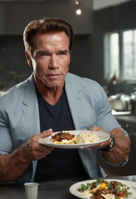 Magnifica a Arnold Schwarzenegger, 40-year-old, como el terminador, with his iconic black suit (chaqueta de cuero negra) y gafas de sol, parado en medio de una cocina extraterrestre futurista. The kitchen is full of appliances and utensils, con luces parpa...