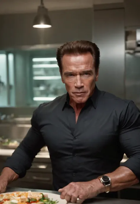 Magnifica a Arnold Schwarzenegger, 40-year-old, como el terminador, with his iconic black suit (chaqueta de cuero negra) y gafas de sol, parado en medio de una cocina extraterrestre futurista. The kitchen is full of appliances and utensils, con luces parpa...