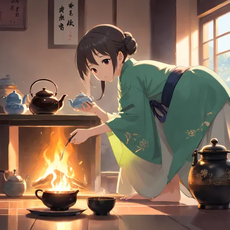 Anime 7-year-old girl in Hanfu standing next to a teapot, flatchest，full bodyesbian，Boiling a teapot over charcoal on the stove, Side Body，stove，charcoal fire，teapot，Please wear black cloth shoes，author：author：Qu Leilei, author：Chen Dafu, author：Xia Gui, a...