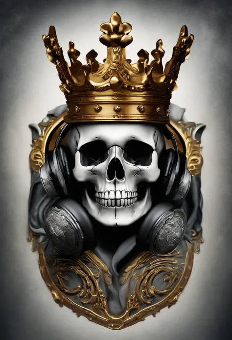 "skull, with an ostentatious crown on his head, segurando um smartphone moderno com uma tela brilhante, using state-of-the-art headphones."