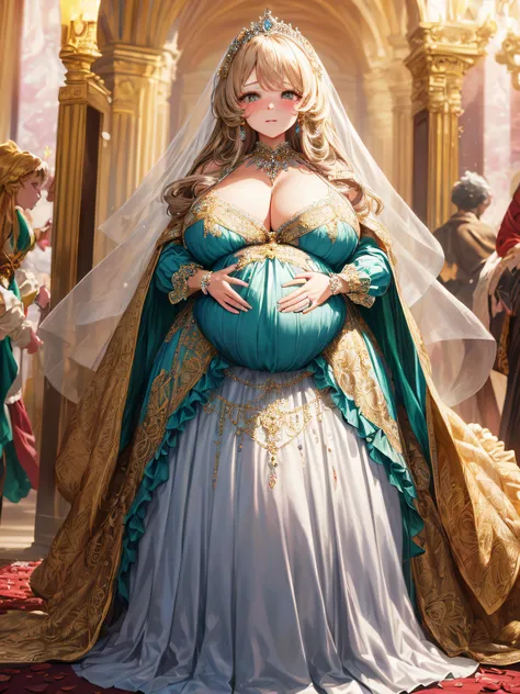 (masterpiece, best quality,extremely detailed:1.1),(moe anime art style:1.2),1girl,((full body,focus face)),((solo)), cute, kawaii,digital art,((1 bling-bling pregnant princess wearing beautiful embroidery and jeweled gorgeous rococo ballgown with jeweled ...