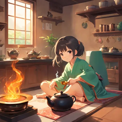 Anime 7-year-old girl in Hanfu standing next to a teapot, flatchest，full bodyesbian，Boiling a teapot over charcoal on the stove, Side Body，stove，charcoal fire，teapot，Please wear black cloth shoes，author：author：Qu Leilei, author：Chen Dafu, author：Xia Gui, a...